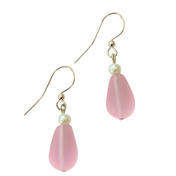 Sea Glass Earrings Pink Dangle with Pearls Women Girls Beach Jewelry Gift - Picture 4 of 7